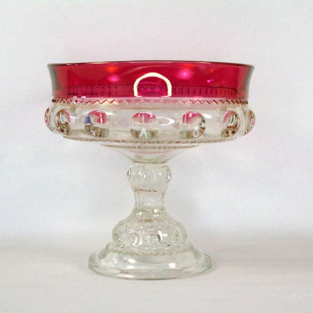 King's Crown Thumbprint Compote,  Ruby Red Glass 7" Tall Footed Candy Dish